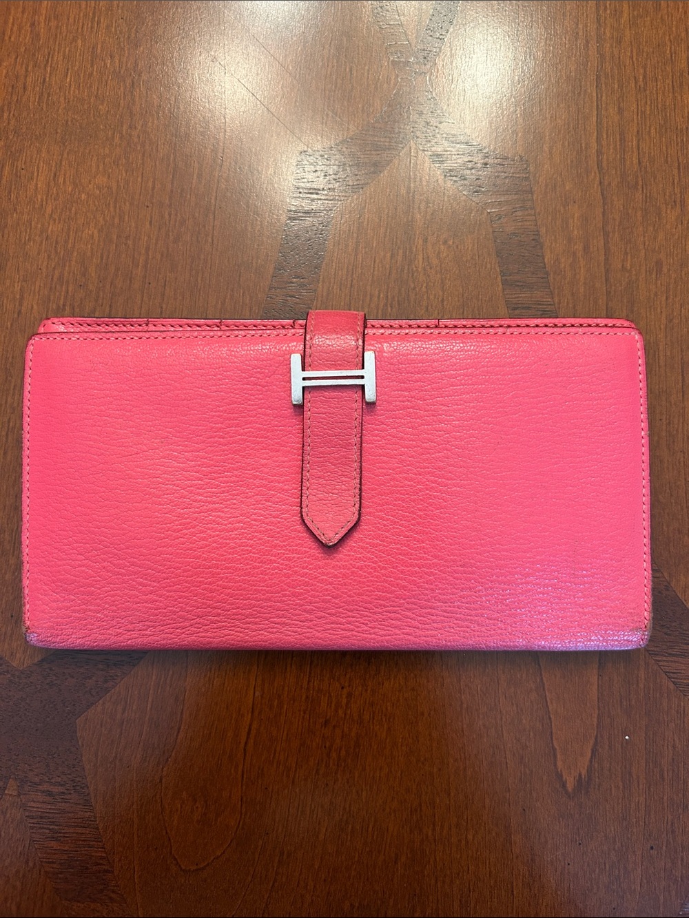 Hermes Pink Leather Continental Wallet with Silver H Buckle